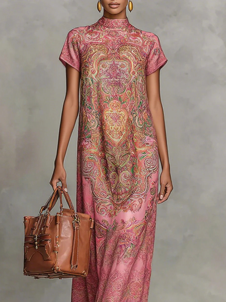 Loose Short Sleeves Contrast Color Flower Print Mock Neck Maxi Dresses - Image 3