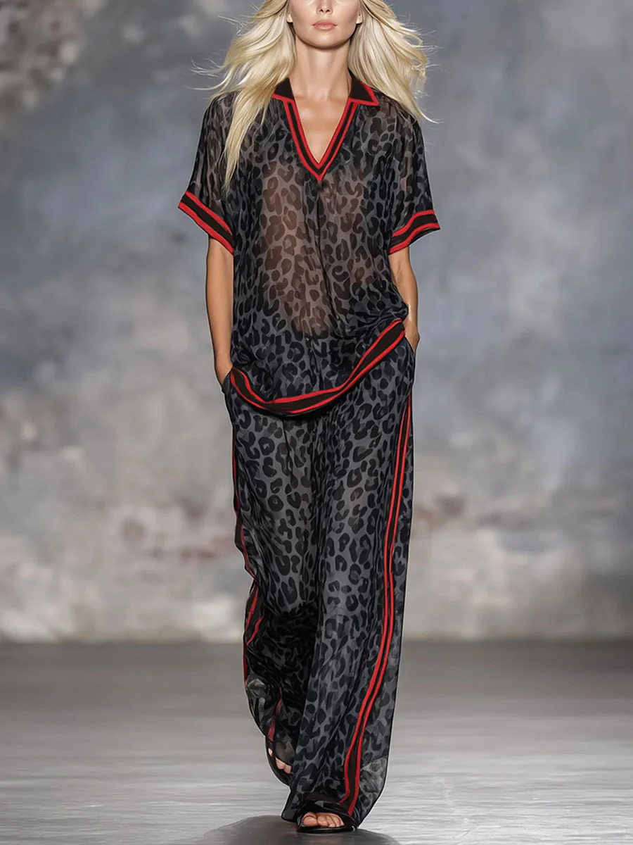 Loose Short Sleeves Contrast Color Leopard Split-Joint Striped Lapel Blouses&Shirts Tops - Image 2