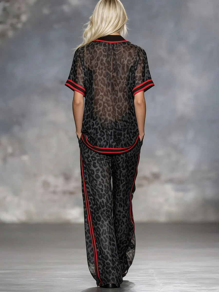 Loose Short Sleeves Contrast Color Leopard Split-Joint Striped Lapel Blouses&Shirts Tops - Image 3