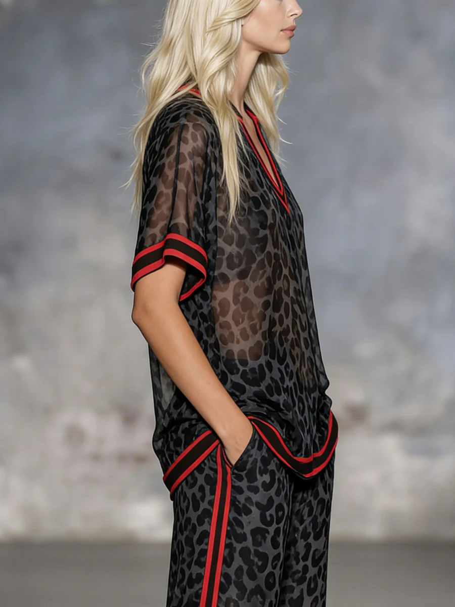 Loose Short Sleeves Contrast Color Leopard Split-Joint Striped Lapel Blouses&Shirts Tops - Image 4