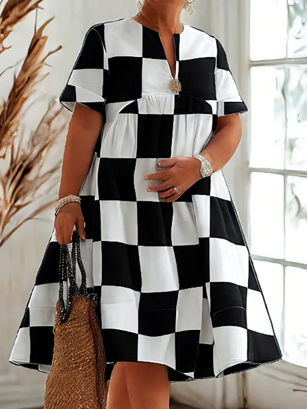 Loose Short Sleeves Contrast Color Plaid Pleated V-Neck Midi Dresses Shirt Dress - Image 2