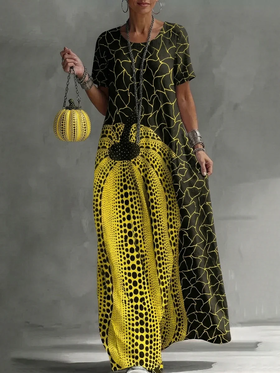Loose Short Sleeves Contrast Color Pockets Printed Maxi Dresses - Image 2