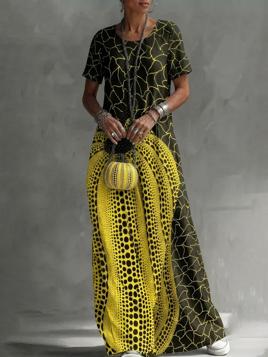 Loose Short Sleeves Contrast Color Pockets Printed Maxi Dresses - Image 3