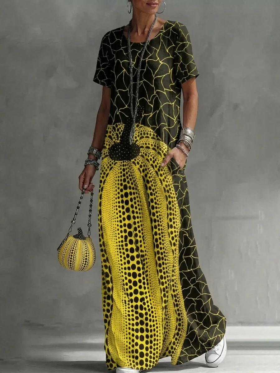 Loose Short Sleeves Contrast Color Pockets Printed Maxi Dresses - Image 4