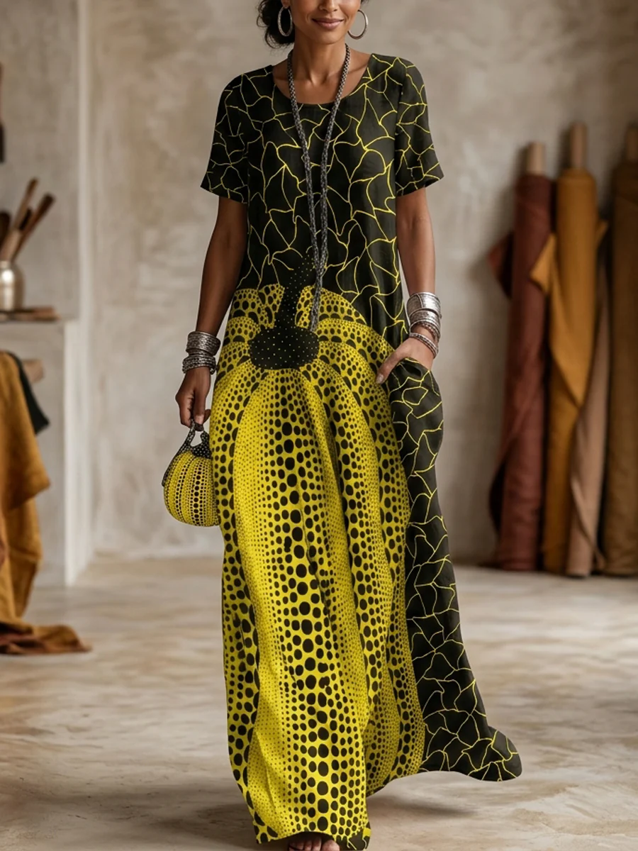 Loose Short Sleeves Contrast Color Pockets Printed Maxi Dresses - Image 5