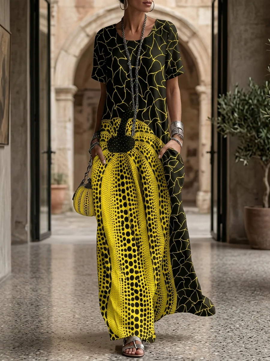 Loose Short Sleeves Contrast Color Pockets Printed Maxi Dresses - Image 6