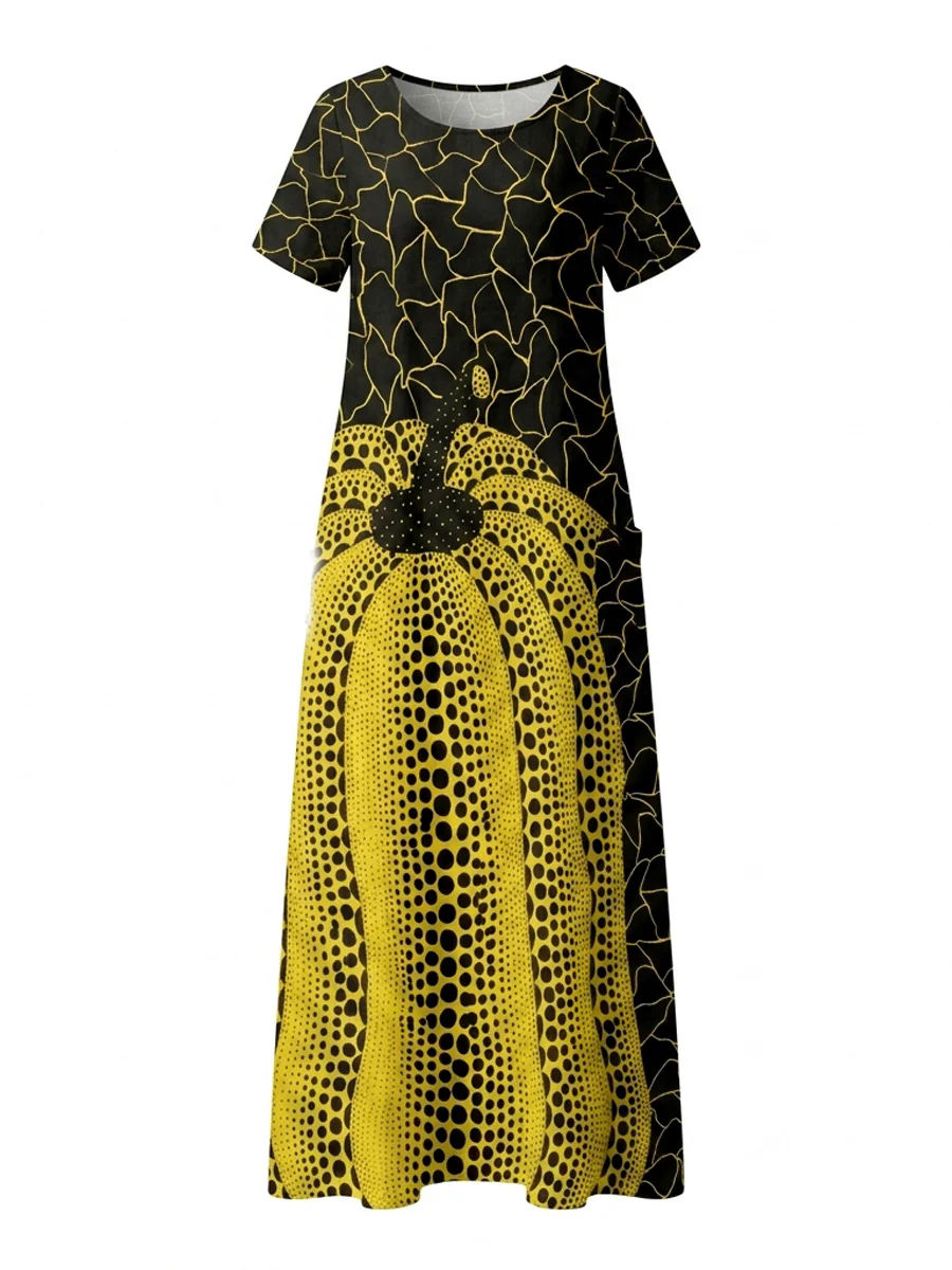 Loose Short Sleeves Contrast Color Pockets Printed Maxi Dresses - Image 7
