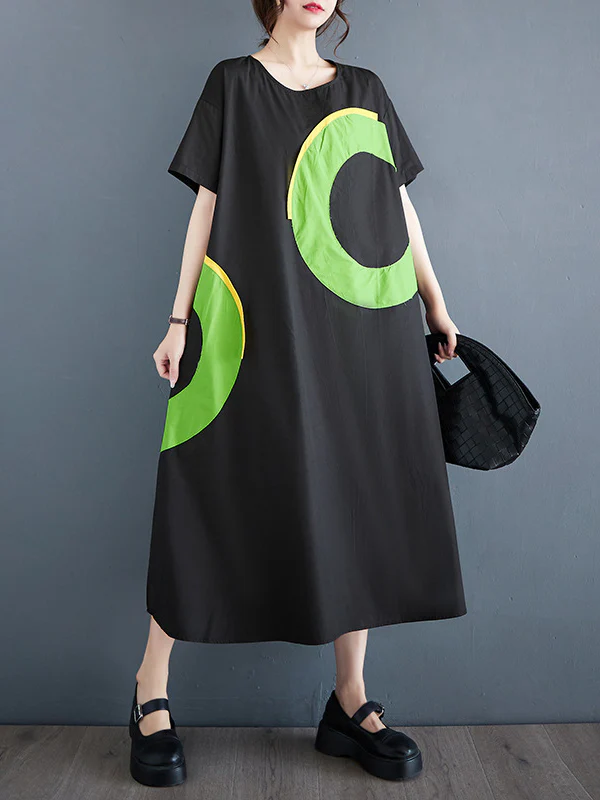 Loose Short Sleeves Contrast Color Pockets Printed Round-Neck Midi Dresses - Image 2