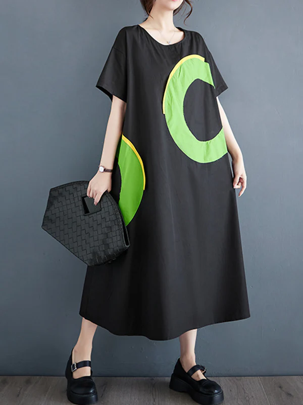 Loose Short Sleeves Contrast Color Pockets Printed Round-Neck Midi Dresses - Image 3