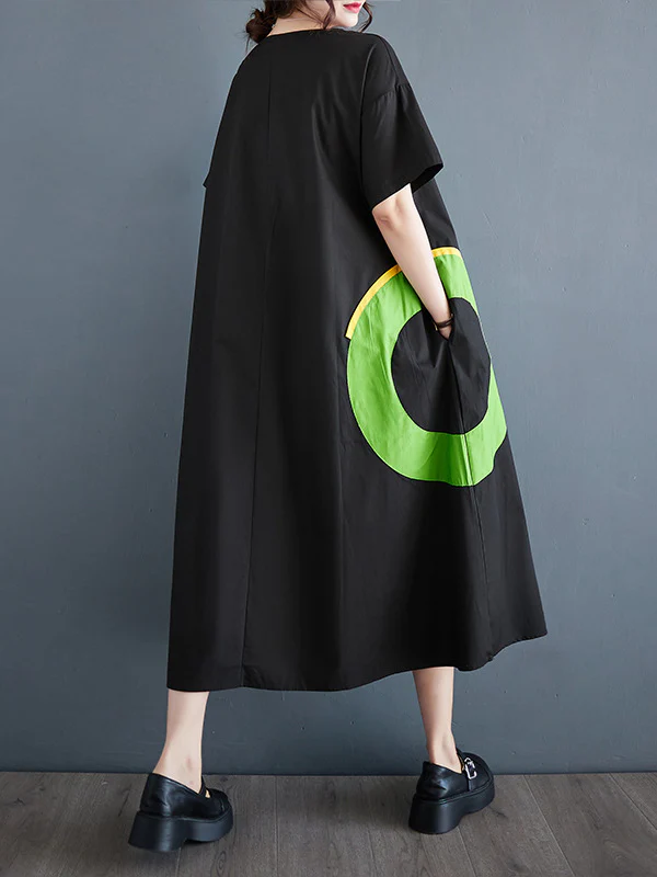 Loose Short Sleeves Contrast Color Pockets Printed Round-Neck Midi Dresses - Image 4