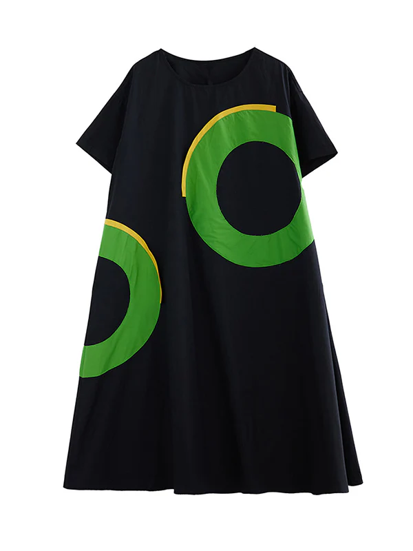 Loose Short Sleeves Contrast Color Pockets Printed Round-Neck Midi Dresses - Image 5
