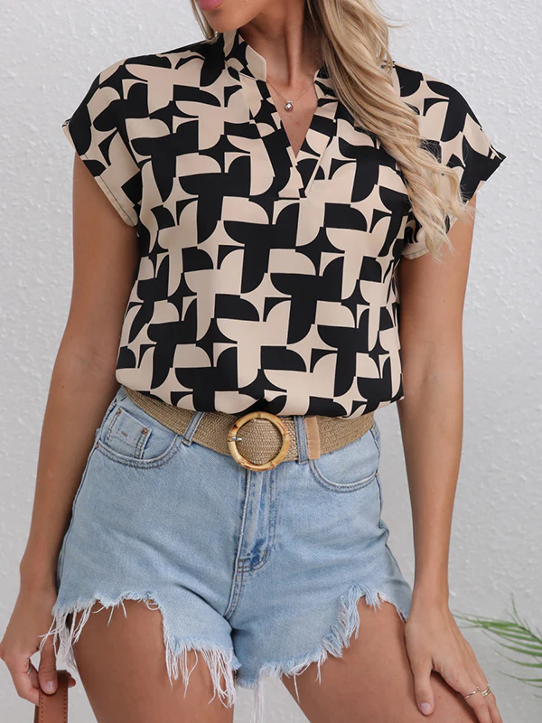 Loose Short Sleeves Contrast Color Print V-Neck Blouses&Shirts Tops - Image 3