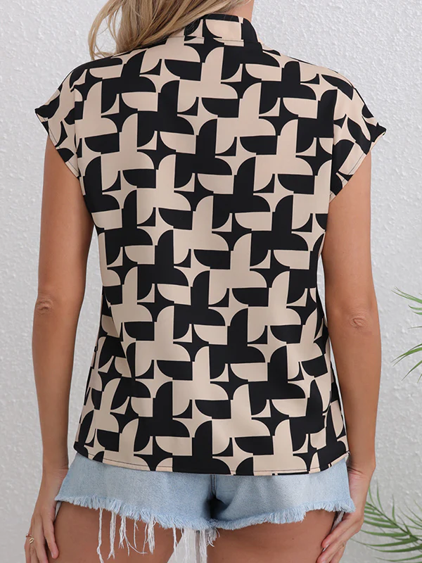 Loose Short Sleeves Contrast Color Print V-Neck Blouses&Shirts Tops - Image 5