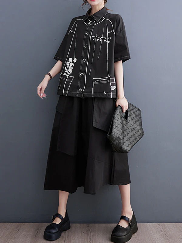 Loose Short Sleeves Contrast Color Printed Split-Joint Lapel Blouses - Image 10