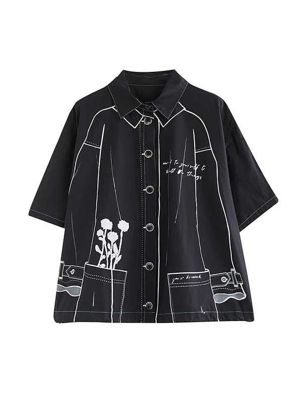 Loose Short Sleeves Contrast Color Printed Split-Joint Lapel Blouses - Image 11