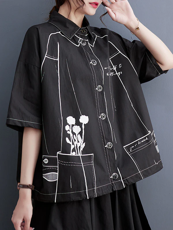 Loose Short Sleeves Contrast Color Printed Split-Joint Lapel Blouses - Image 2