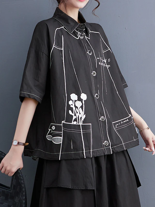Loose Short Sleeves Contrast Color Printed Split-Joint Lapel Blouses - Image 3