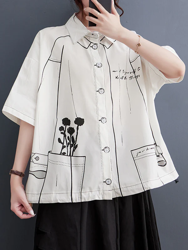 Loose Short Sleeves Contrast Color Printed Split-Joint Lapel Blouses - Image 4