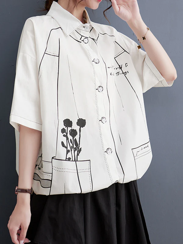 Loose Short Sleeves Contrast Color Printed Split-Joint Lapel Blouses - Image 5