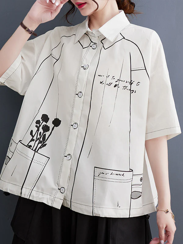 Loose Short Sleeves Contrast Color Printed Split-Joint Lapel Blouses - Image 6