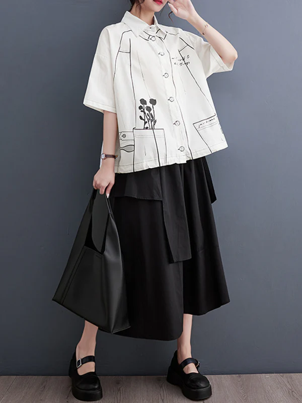 Loose Short Sleeves Contrast Color Printed Split-Joint Lapel Blouses - Image 8