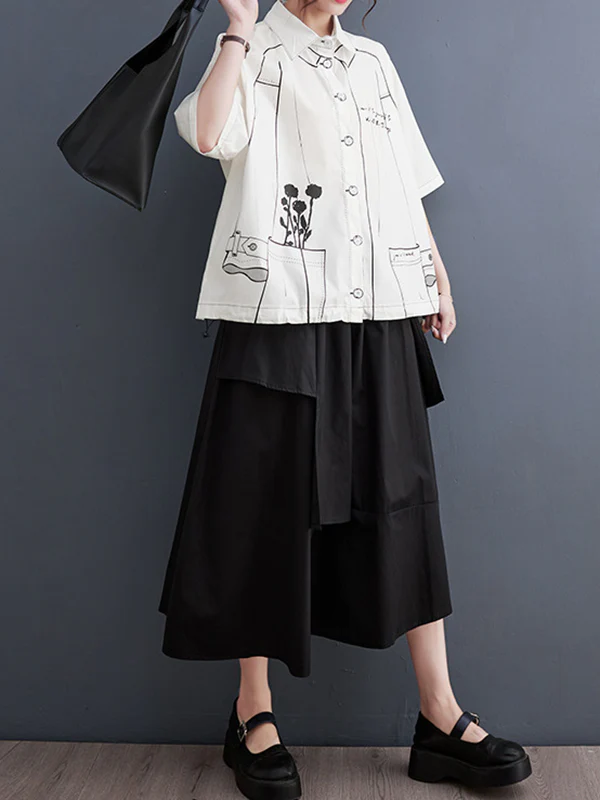 Loose Short Sleeves Contrast Color Printed Split-Joint Lapel Blouses - Image 9