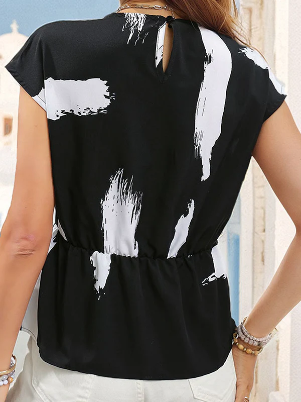 Loose Short Sleeves Contrast Color Printed Split-Joint Round-neck T-Shirts Tops - Image 3