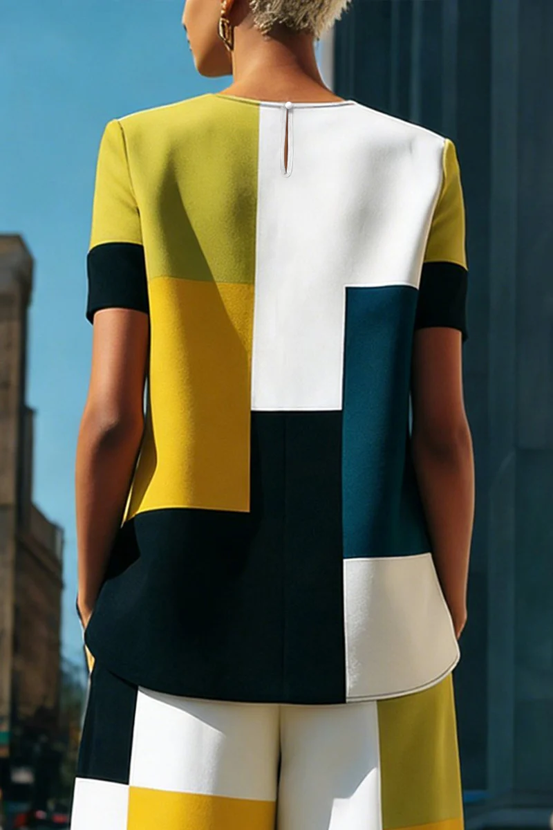 Loose Short Sleeves Buttoned Contrast Color Split-Joint Round-Neck Blouses&Shirts Tops - Image 4