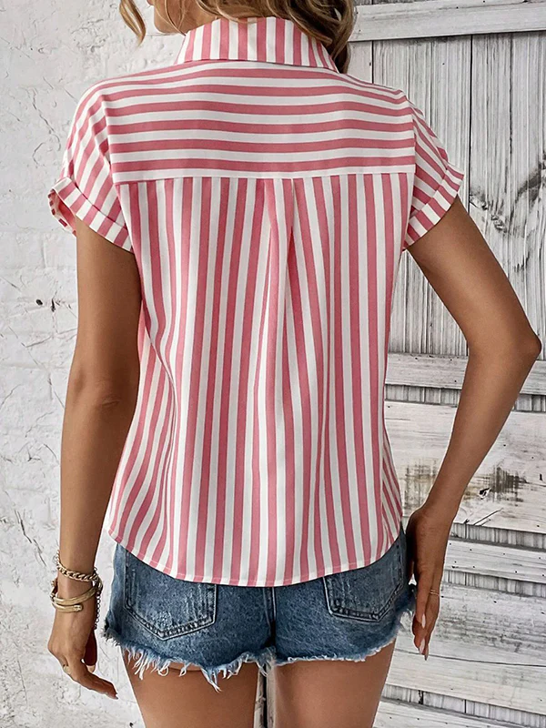 Loose Short Sleeves Contrast Color Split-Joint Striped Patterns Lapel Blouses&Shirts Tops - Image 10