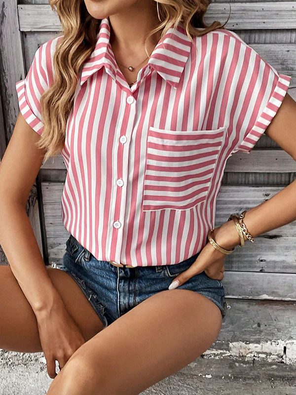 Loose Short Sleeves Contrast Color Split-Joint Striped Patterns Lapel Blouses&Shirts Tops - Image 2