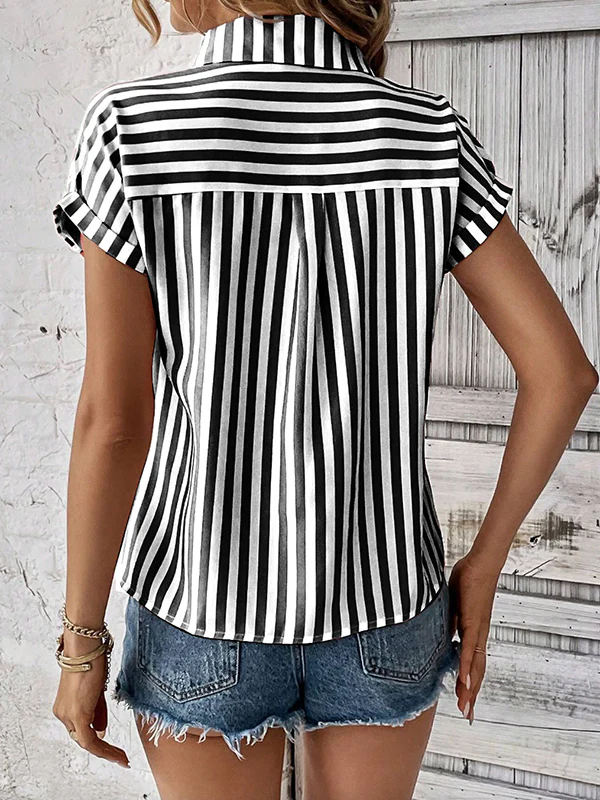 Loose Short Sleeves Contrast Color Split-Joint Striped Patterns Lapel Blouses&Shirts Tops - Image 5