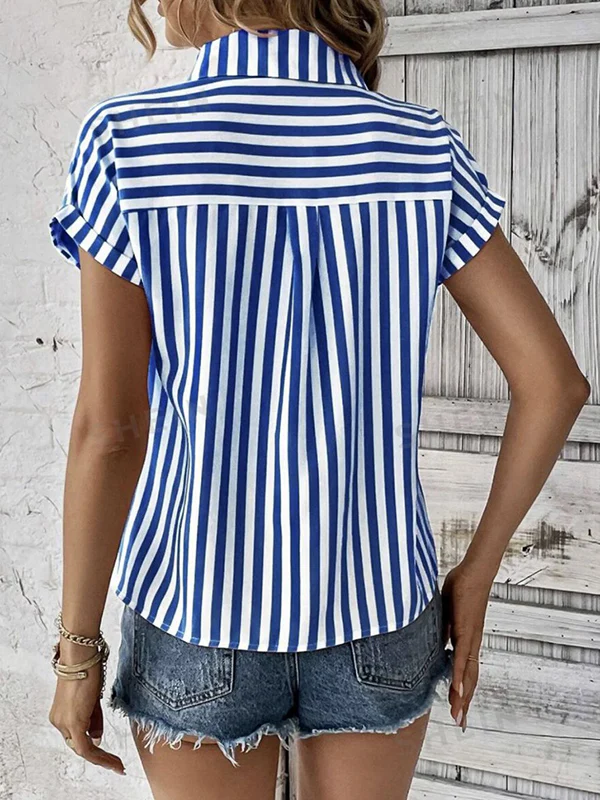 Loose Short Sleeves Contrast Color Split-Joint Striped Patterns Lapel Blouses&Shirts Tops - Image 6
