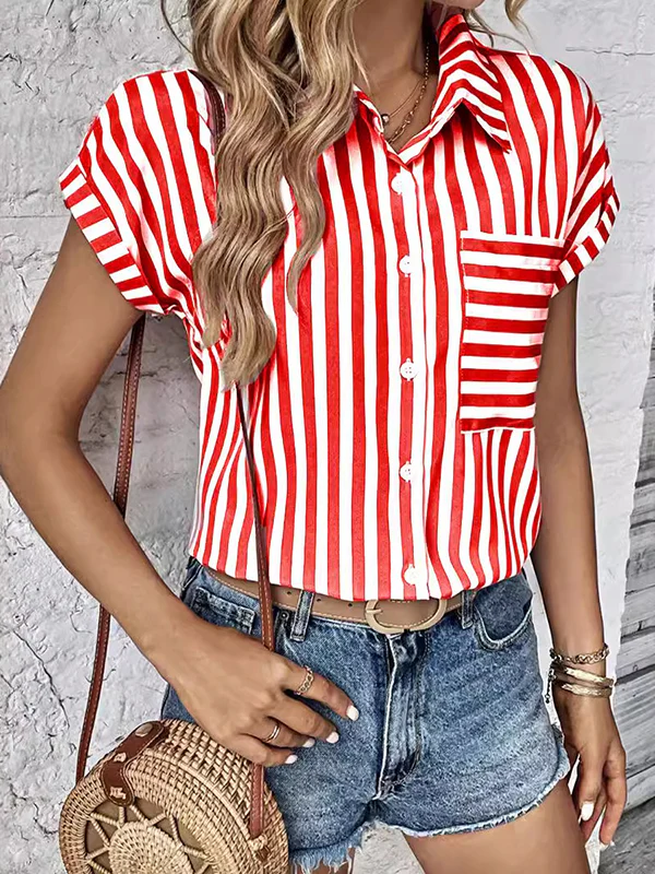 Loose Short Sleeves Contrast Color Split-Joint Striped Patterns Lapel Blouses&Shirts Tops - Image 8