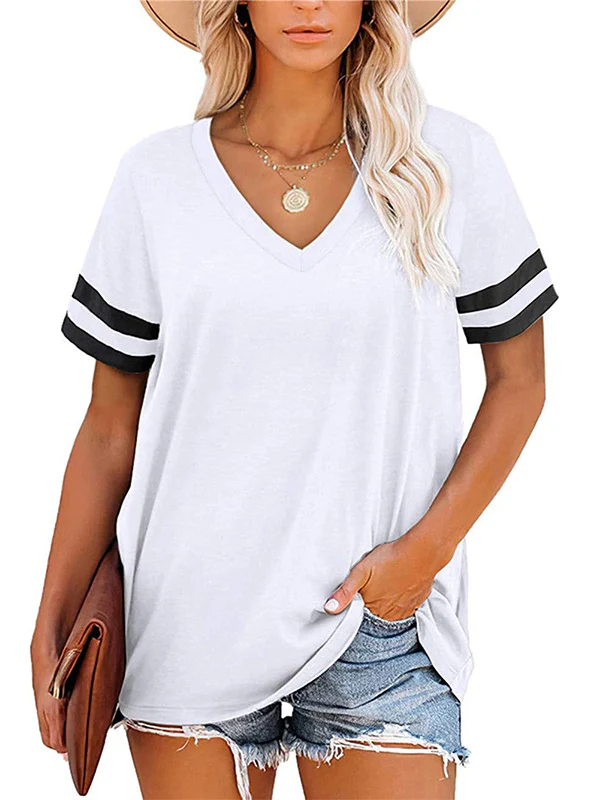 Loose Short Sleeves Contrast Color Striped V-Neck T-Shirts - Image 2