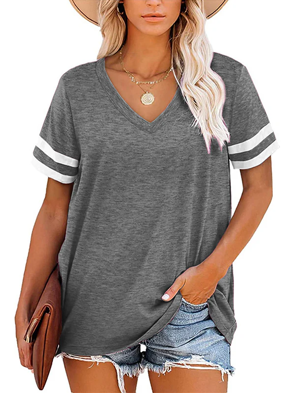 Loose Short Sleeves Contrast Color Striped V-Neck T-Shirts - Image 3