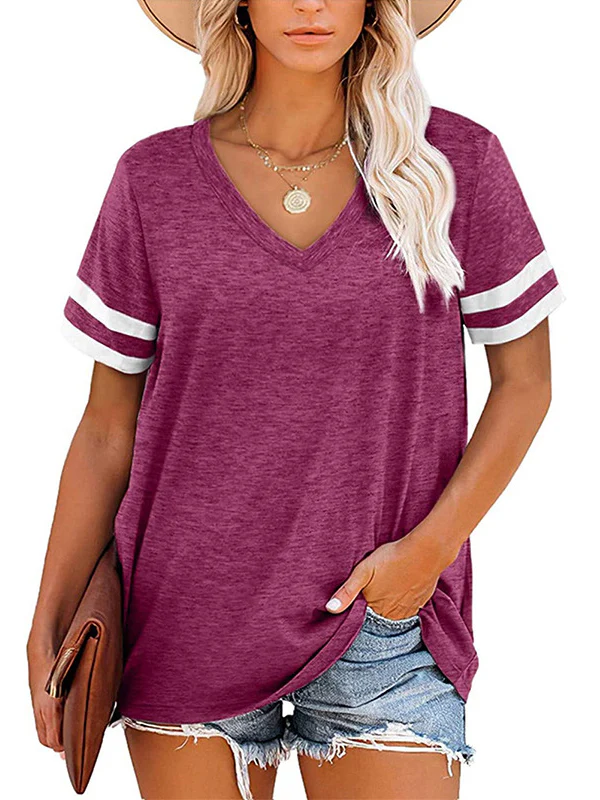 Loose Short Sleeves Contrast Color Striped V-Neck T-Shirts - Image 4