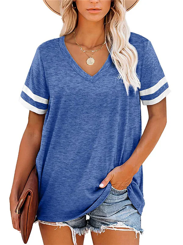 Loose Short Sleeves Contrast Color Striped V-Neck T-Shirts - Image 5