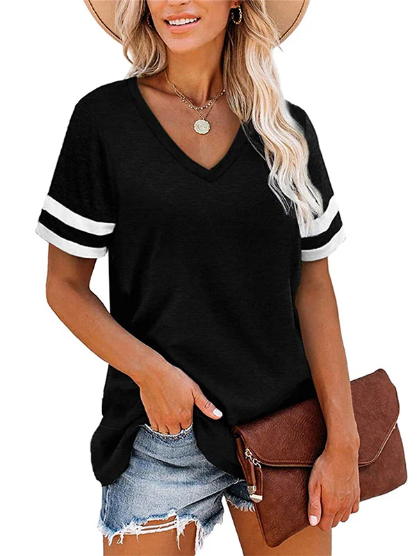 Loose Short Sleeves Contrast Color Striped V-Neck T-Shirts - Image 6