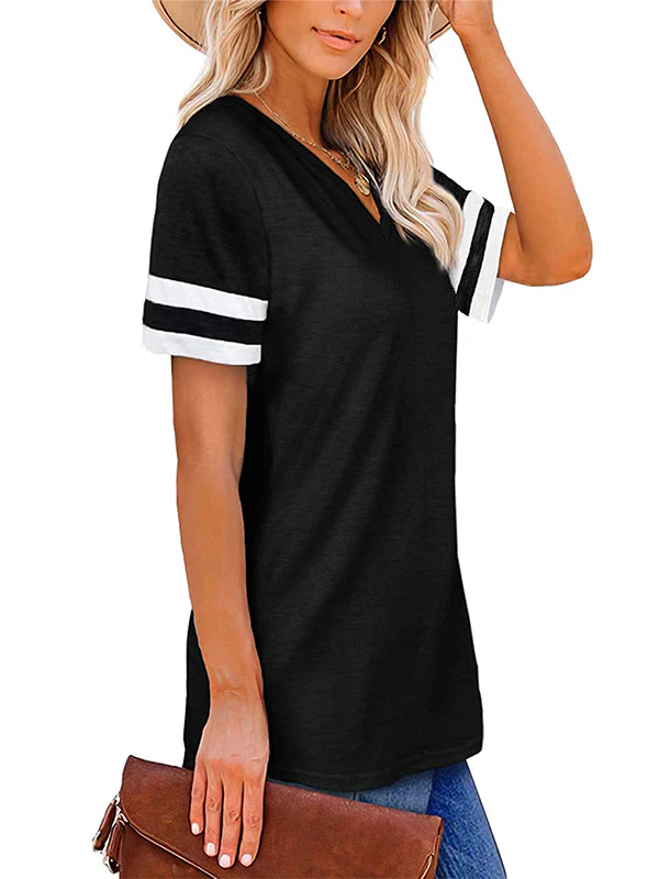 Loose Short Sleeves Contrast Color Striped V-Neck T-Shirts - Image 7