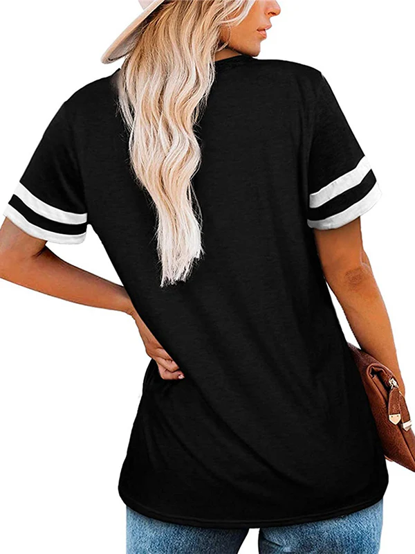 Loose Short Sleeves Contrast Color Striped V-Neck T-Shirts - Image 8