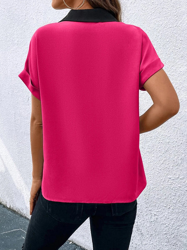 Loose Short Sleeves Contrast Color V-Neck T-Shirts Tops - Image 10