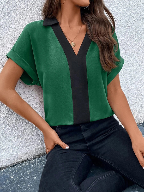 Loose Short Sleeves Contrast Color V-Neck T-Shirts Tops - Image 13