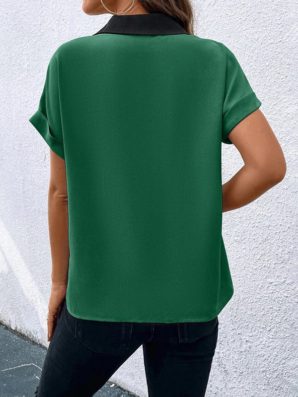 Loose Short Sleeves Contrast Color V-Neck T-Shirts Tops - Image 16