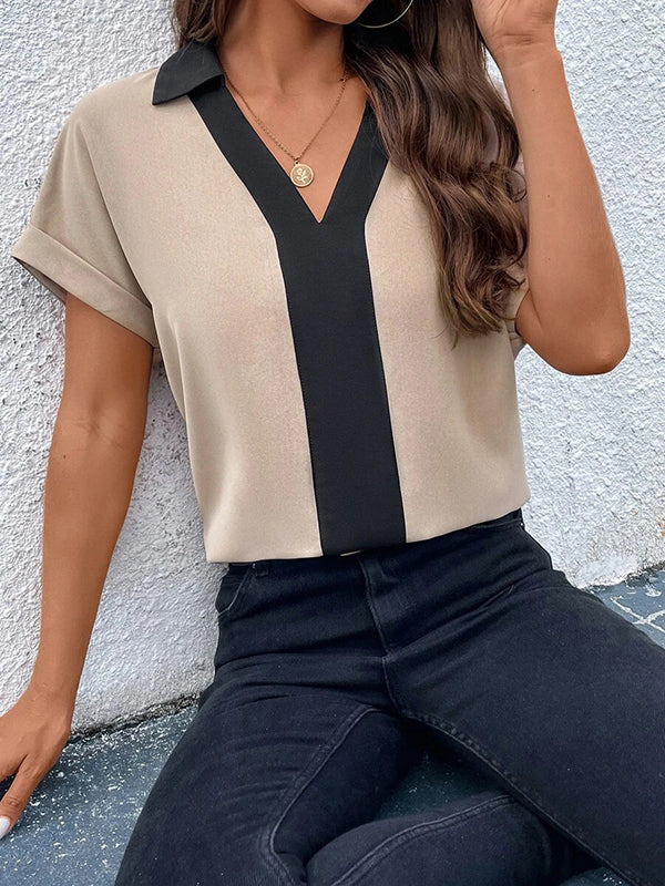 Loose Short Sleeves Contrast Color V-Neck T-Shirts Tops - Image 20