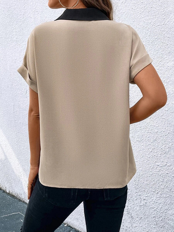 Loose Short Sleeves Contrast Color V-Neck T-Shirts Tops - Image 21