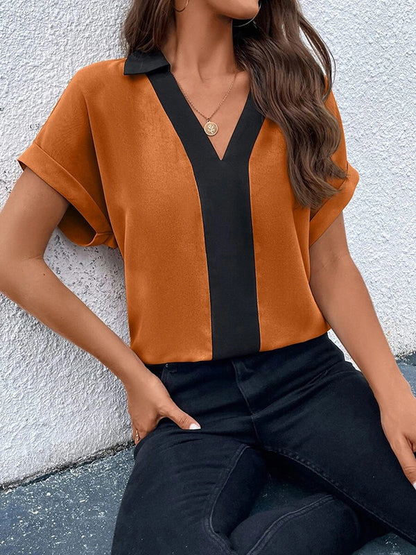 Loose Short Sleeves Contrast Color V-Neck T-Shirts Tops - Image 29