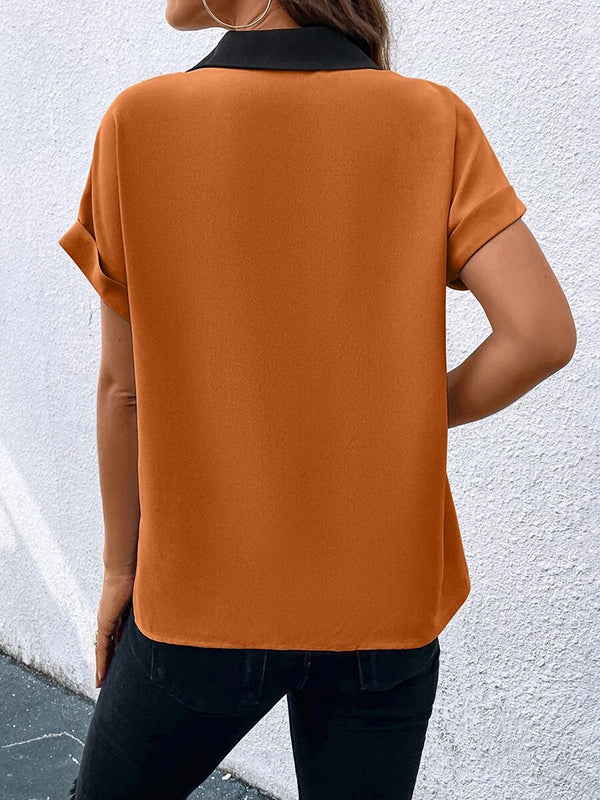 Loose Short Sleeves Contrast Color V-Neck T-Shirts Tops - Image 31