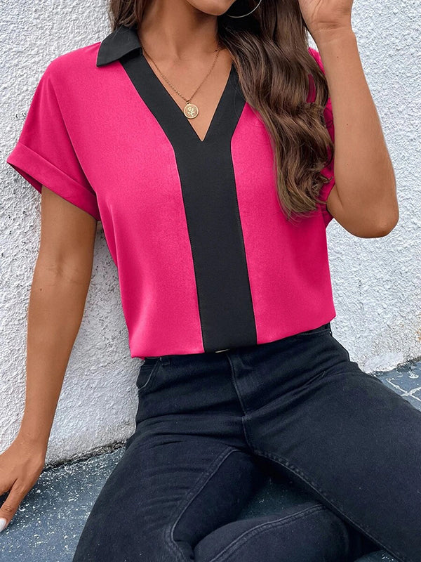 Loose Short Sleeves Contrast Color V-Neck T-Shirts Tops - Image 8