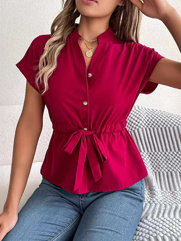 Loose Short Sleeves Drawstring Split-Joint Round-Neck Blouses&Shirts Tops - Image 3