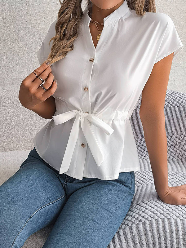 Loose Short Sleeves Drawstring Split-Joint Round-Neck Blouses&Shirts Tops - Image 8